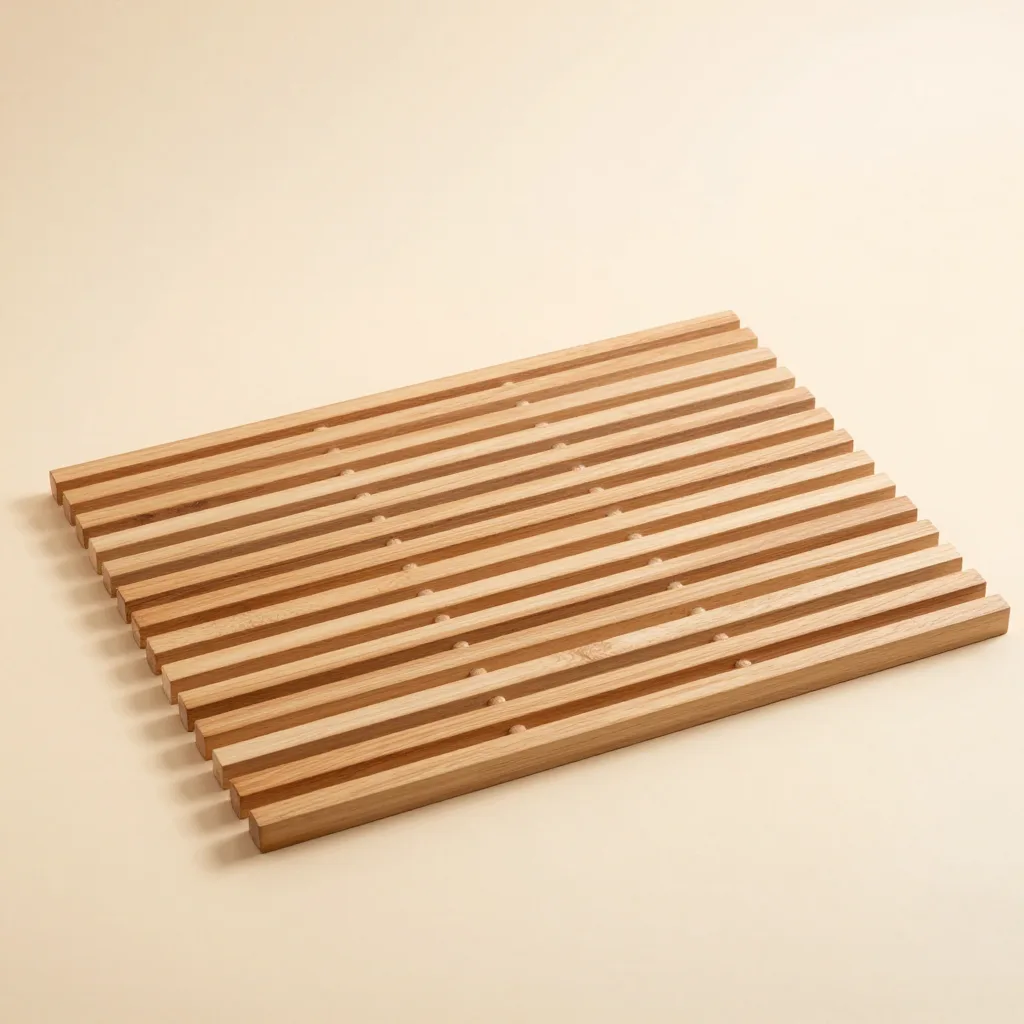 A hinoki wood bath mat on a light background