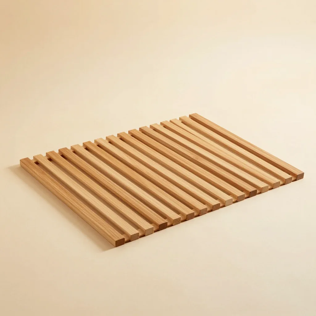 A large hinoki wood bath mat on a light background