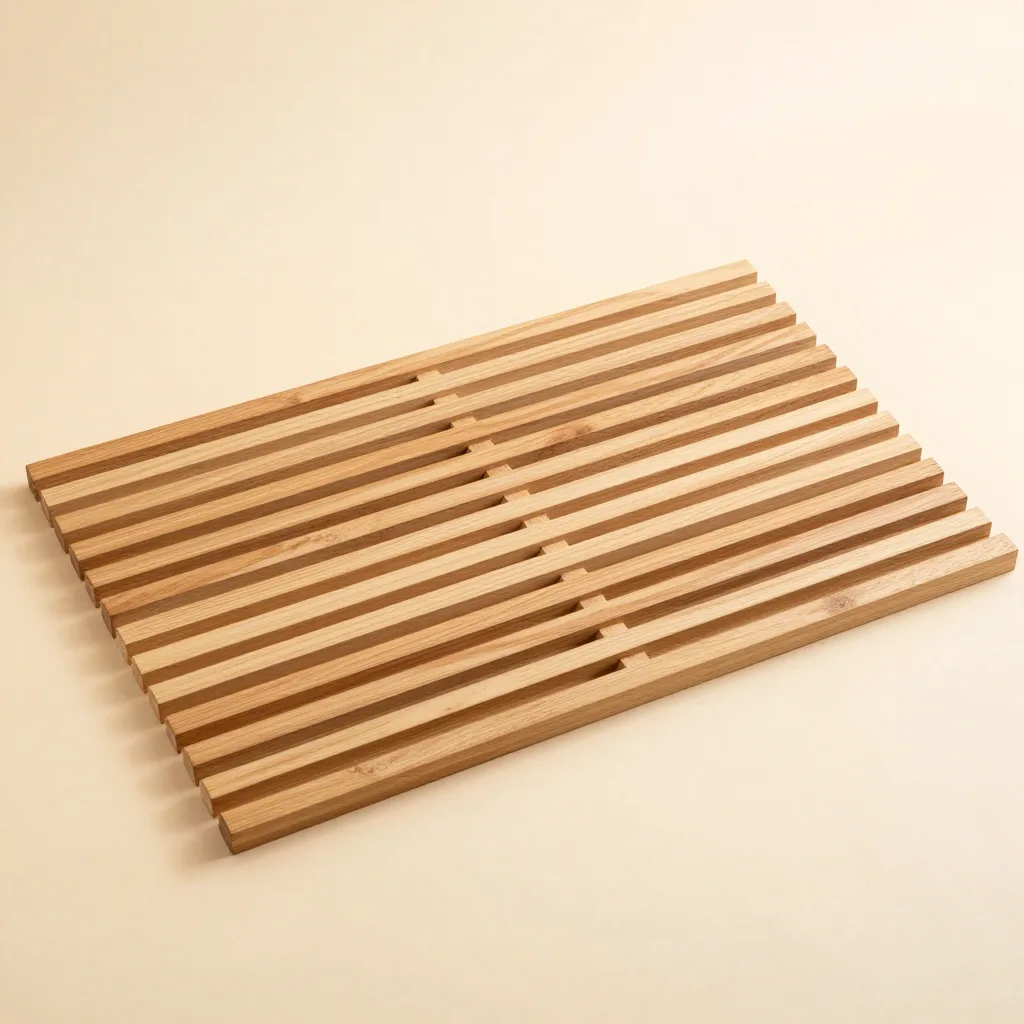 A wide 90cm hinoki wood bath mat on a light background