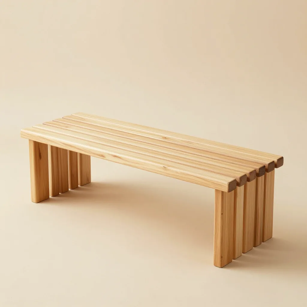 A slatted hinoki bench on a light background