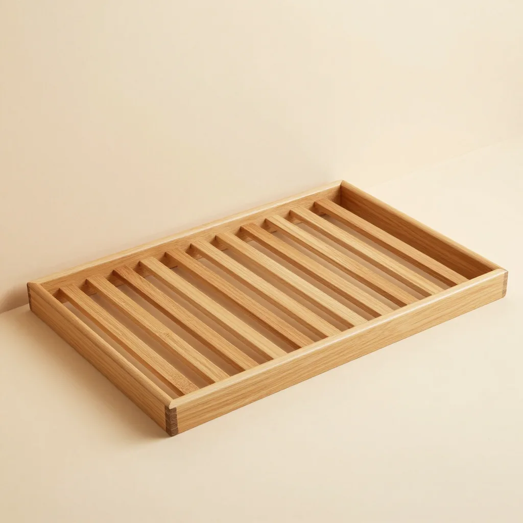 A slatted hinoki shower tray on a light background