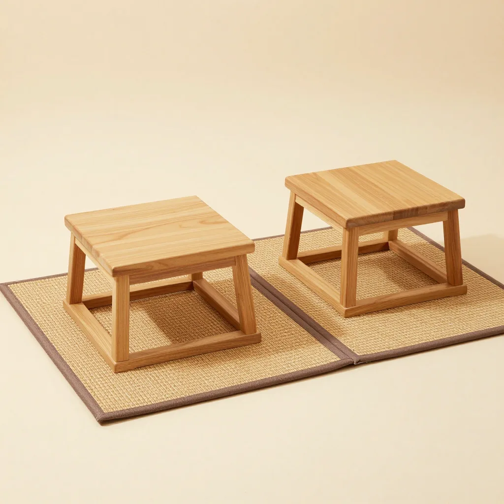 A hinoki mat and stool together on a light background