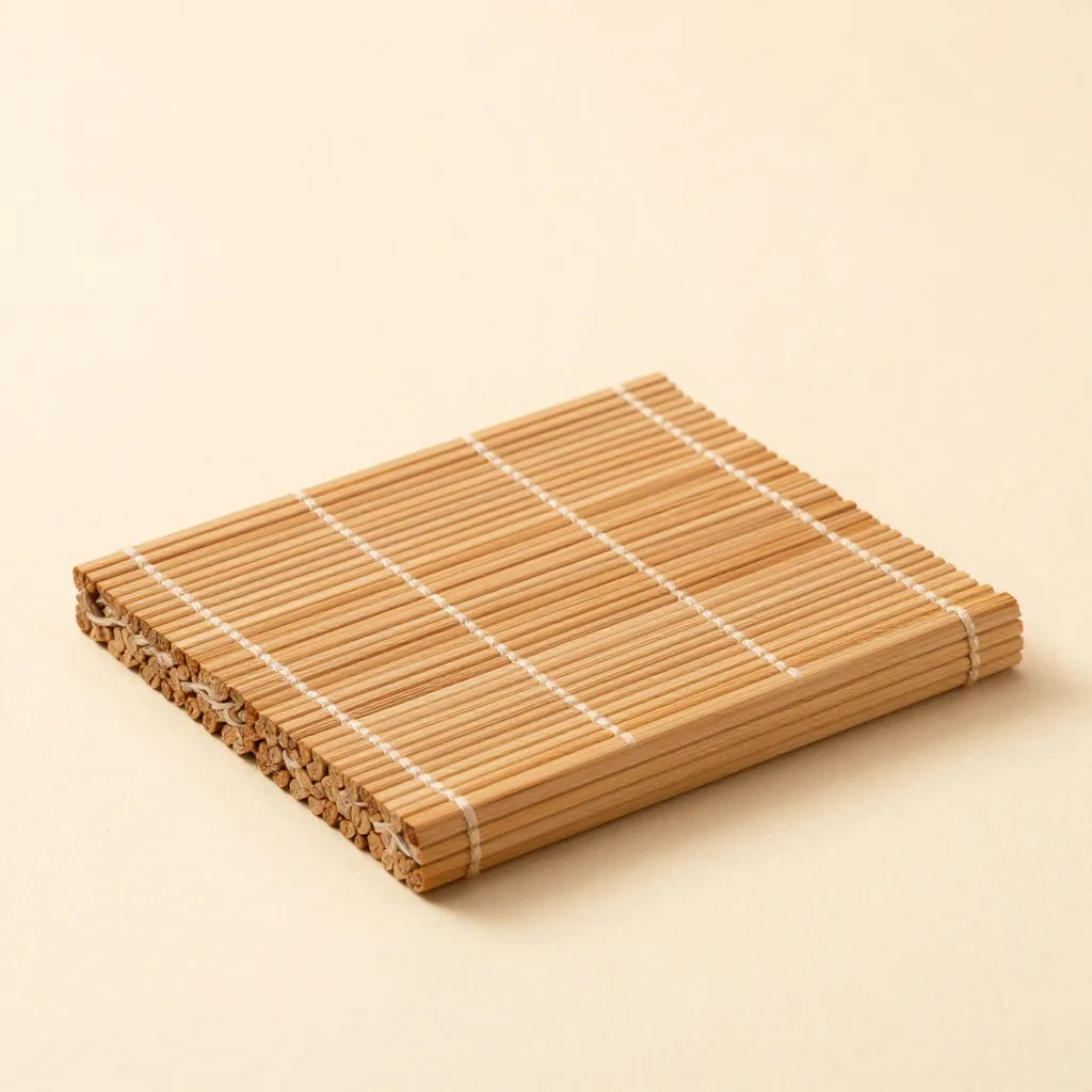 A small compact hinoki wood mat on a light background