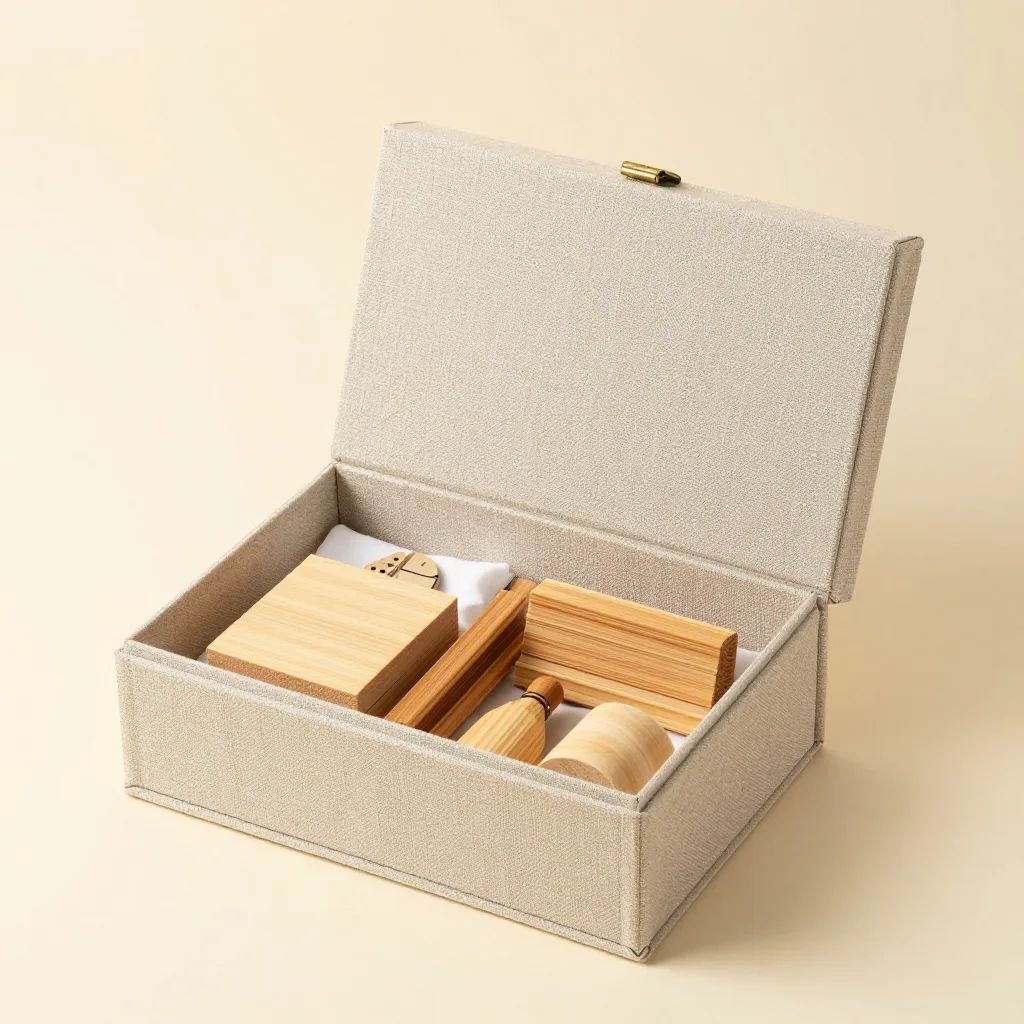 An onsen gift set of hinoki pieces in linen on a light background
